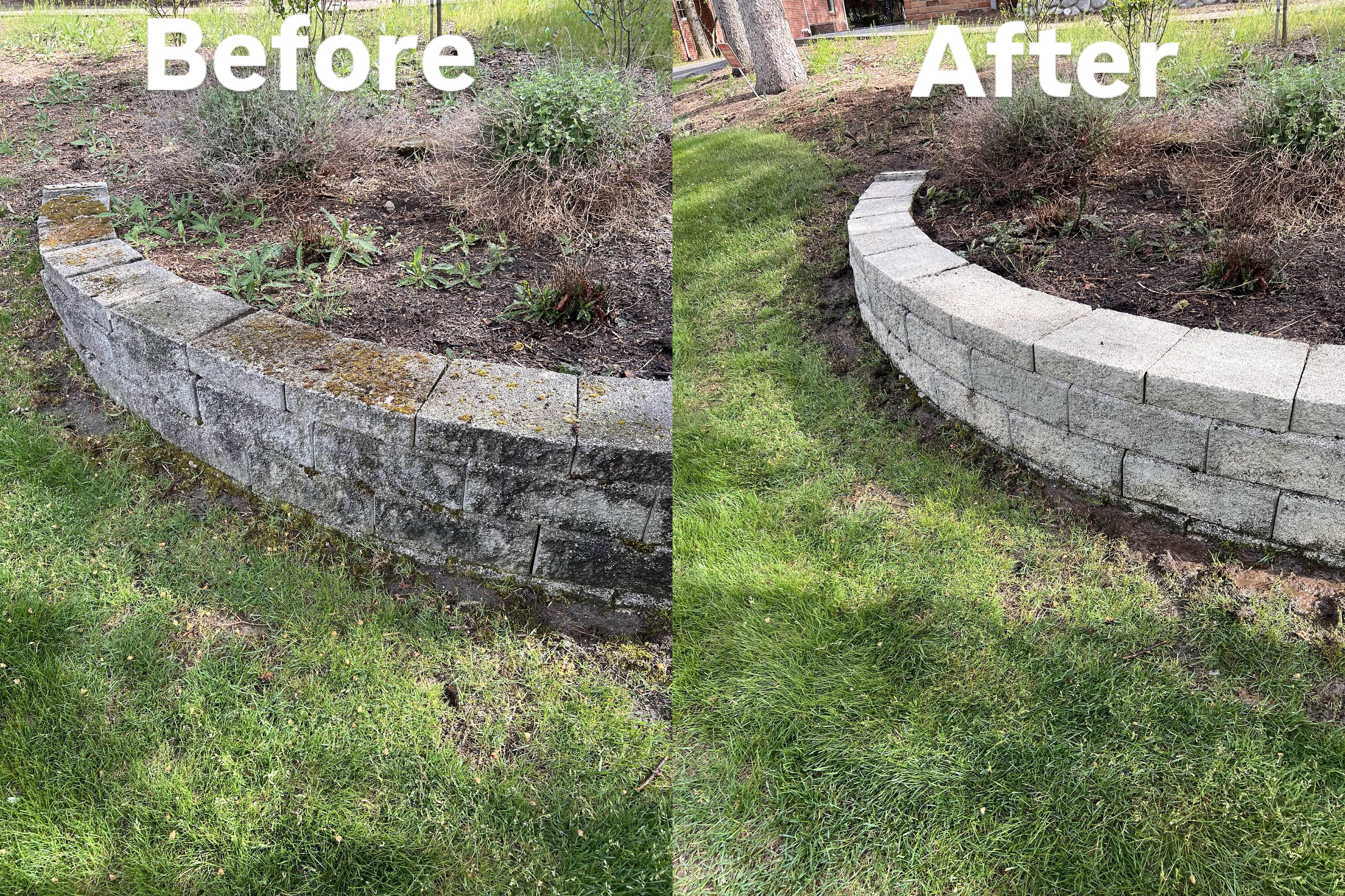 Before and after pressure washing of a stone retaining wall